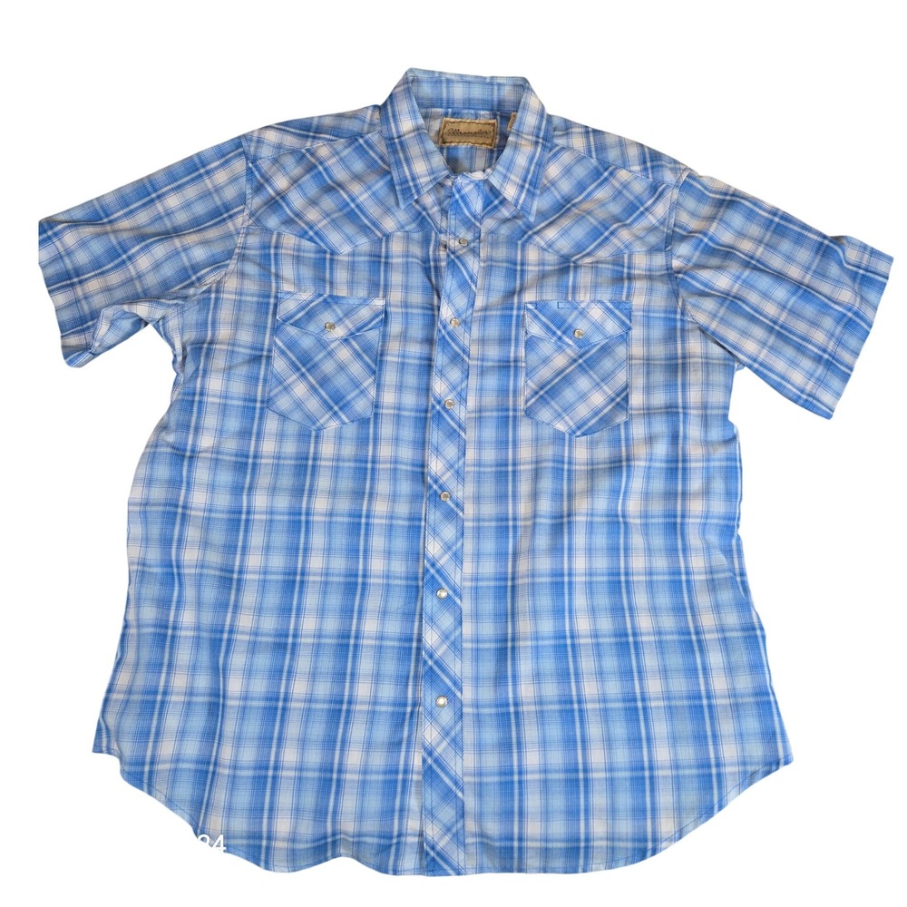 Wrangler Western Shirt Mens XL Plaid Blue‎ Short Sleeve Pearl Snap Front Cowboy